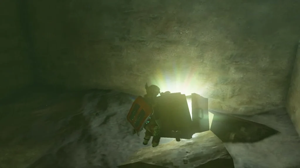 Glowing treasure chest in a rock nook beneath the ruin wall Glowing treasure chest in a rock nook beneath the ruin wall