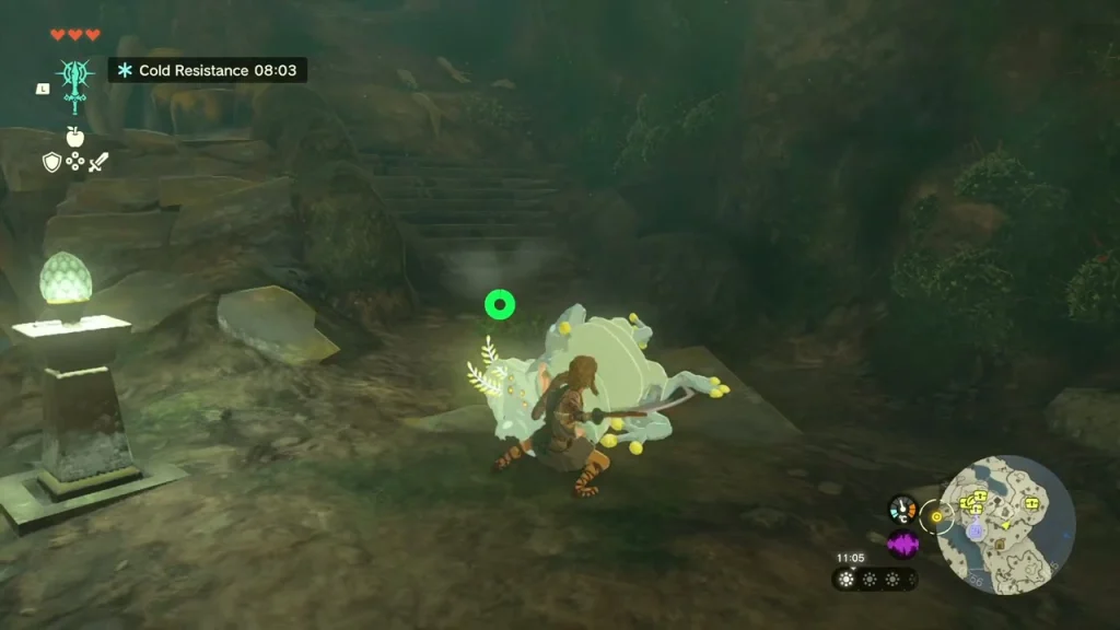 Bubbulfrog crouched beside the glowing stone pedestal