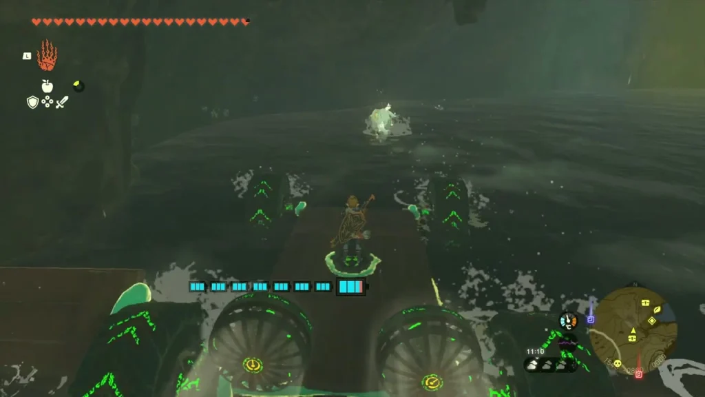 Bubbulfrog skimming over the flooded tunnel ahead of the cart Bubbulfrog skimming over the flooded tunnel ahead of the cart