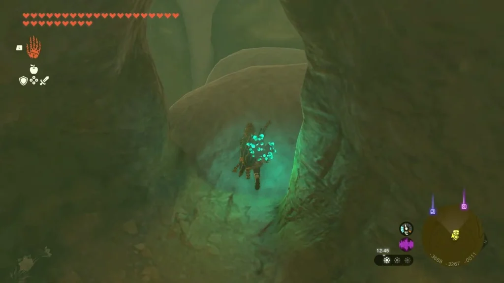 Dark cave passage lit by a Brightbloom glow on the floor Dark cave passage lit by a Brightbloom glow on the floor