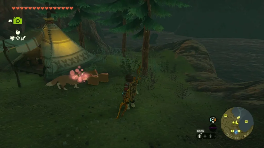 Orange dog beside a tent and campfire taking a piece of meat