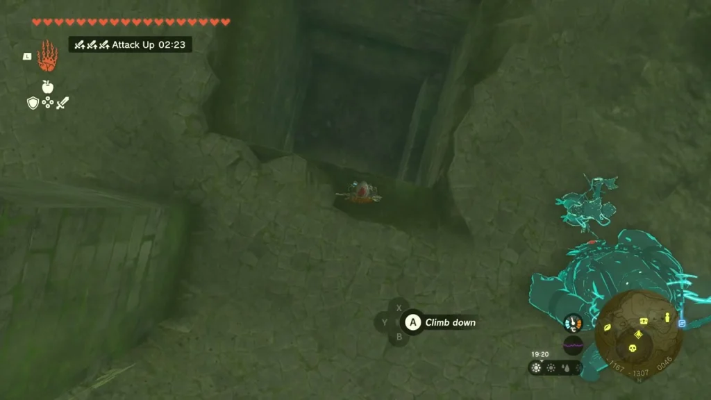 Ledge on the edge of the ruined hole with a climb down prompt