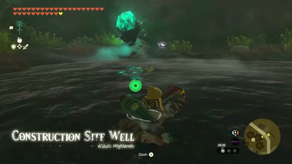 Dark pond in the well chamber with a glowing rock hanging above Dark pond in the well chamber with a glowing rock hanging above