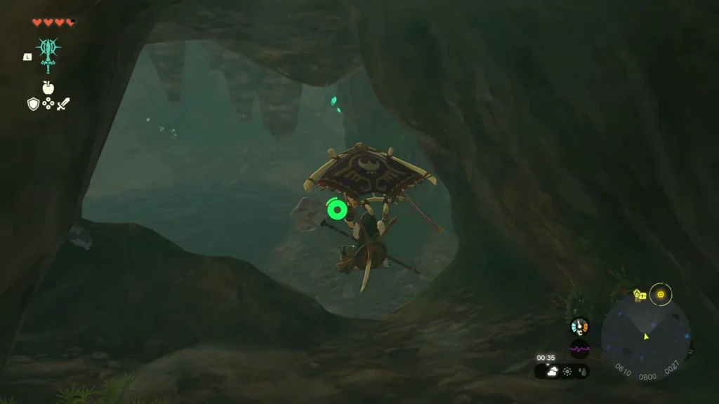 Gliding from a ledge toward the lower chamber of the cavern Gliding from a ledge toward the lower chamber of the cavern