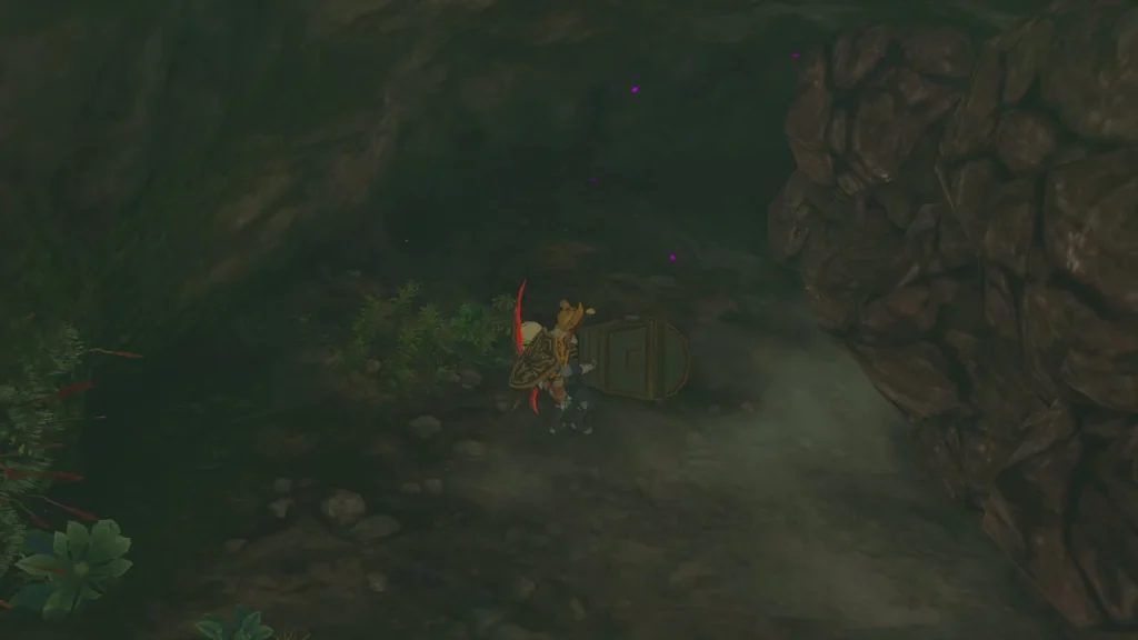 Wooden chest tucked against the cave wall Wooden chest tucked against the cave wall