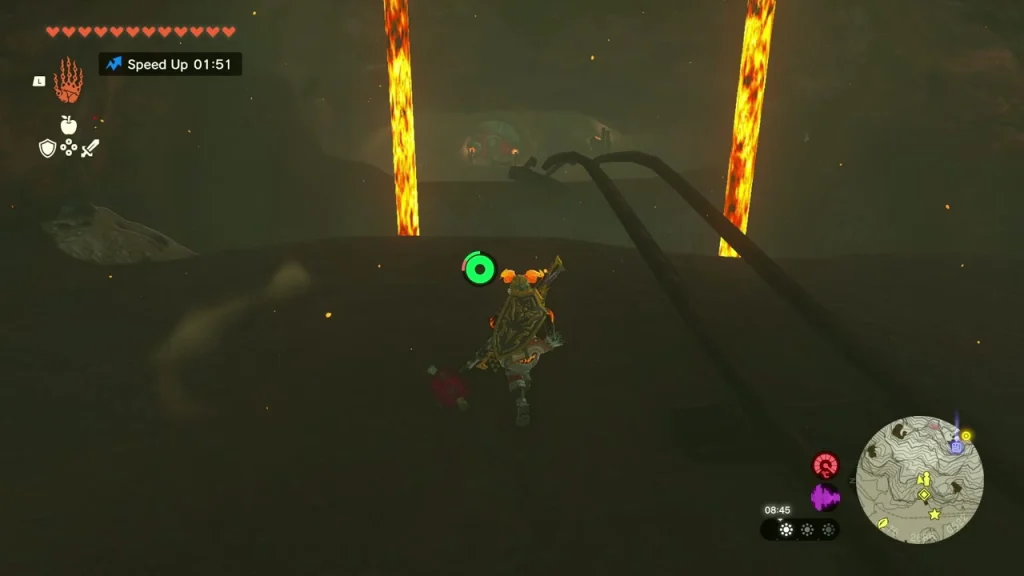 Mine rails running alongside lava falls inside the tunnel