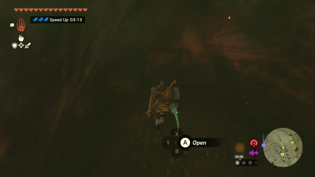 Open prompt at the chest in the dark corner of the cave Open prompt at the chest in the dark corner of the cave