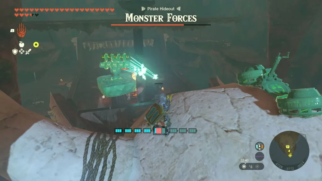 Zonai turrets and a launch pad on the pirate ship deck with hanging ropes
