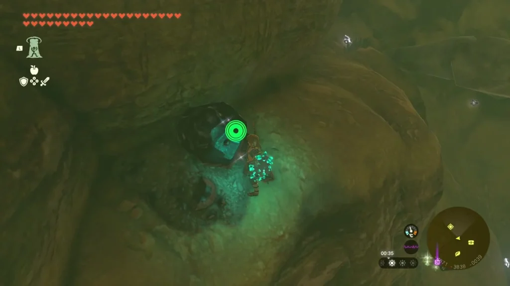 Dark hollow in the cliff below the skeleton with a glowing Brightbloom cluster