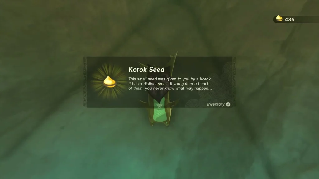 Korok Seed item box above the leaf-lit nook