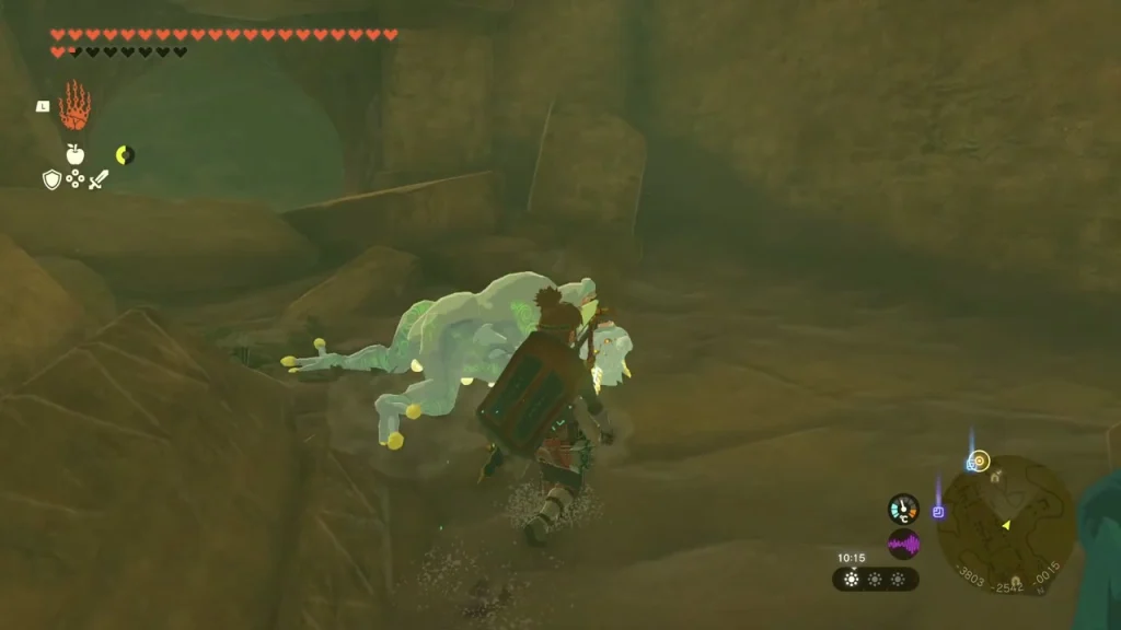 Bubbulfrog falling from the ceiling among the rubble