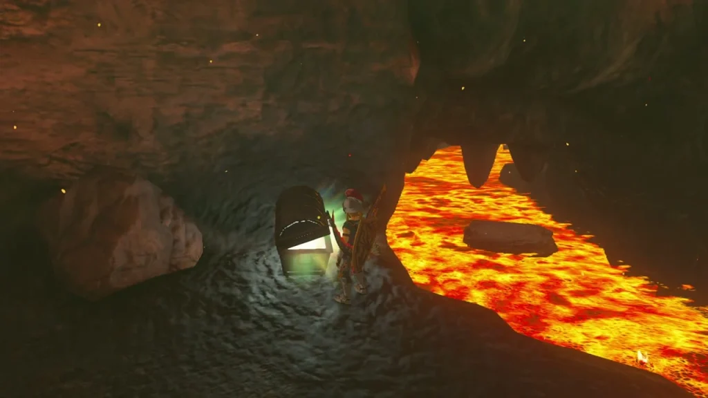 Chest in a rock alcove beside a lava pool Chest in a rock alcove beside a lava pool
