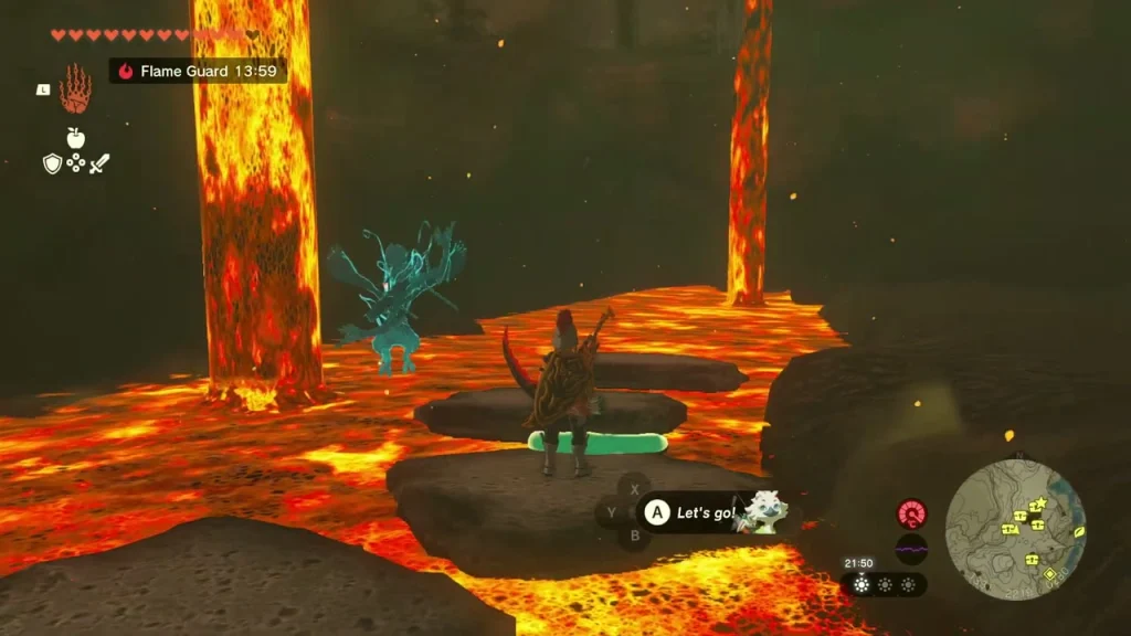 Rock platform beside a column of falling lava Rock platform beside a column of falling lava