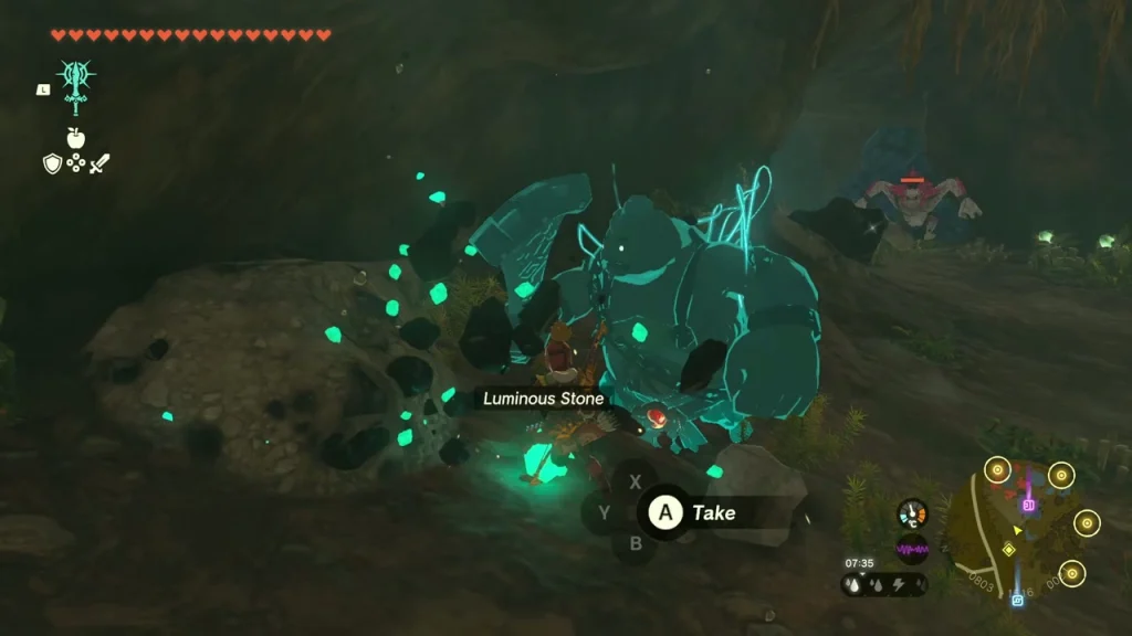 Luminous Stone in the cave wall beside a Construct