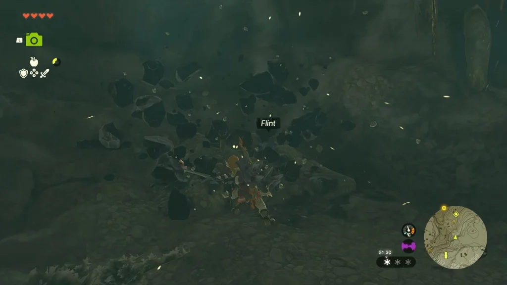 Flint deposit broken open on the rocks above the water Flint deposit broken open on the rocks above the water