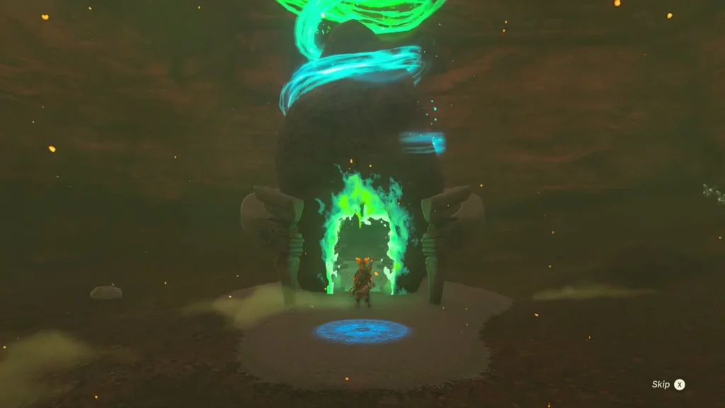 Jiotak Shrine doorway glowing green on a mound of ash Jiotak Shrine doorway glowing green on a mound of ash