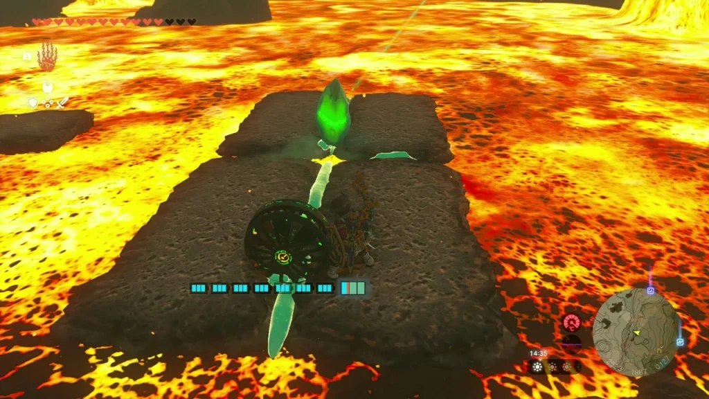 Fan raft carrying the green crystal over cooled lava slabs Fan raft carrying the green crystal over cooled lava slabs