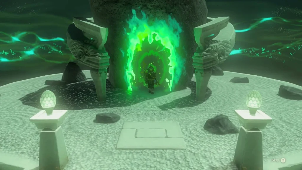 Moshapin Shrine doorway with green light between two stone pedestals Moshapin Shrine doorway with green light between two stone pedestals