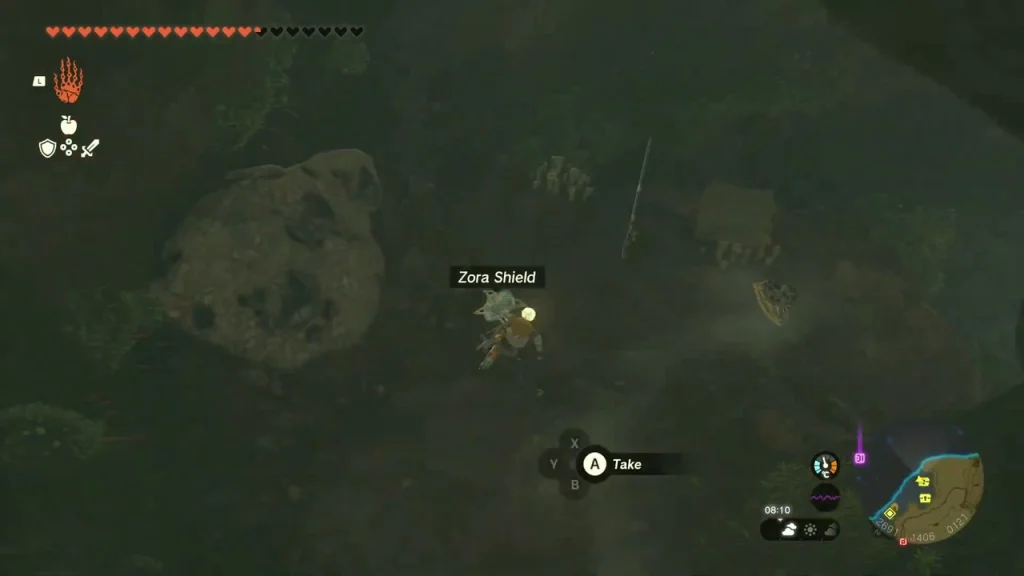 Zora Shield on the cave floor with a Take prompt Zora Shield on the cave floor with a Take prompt