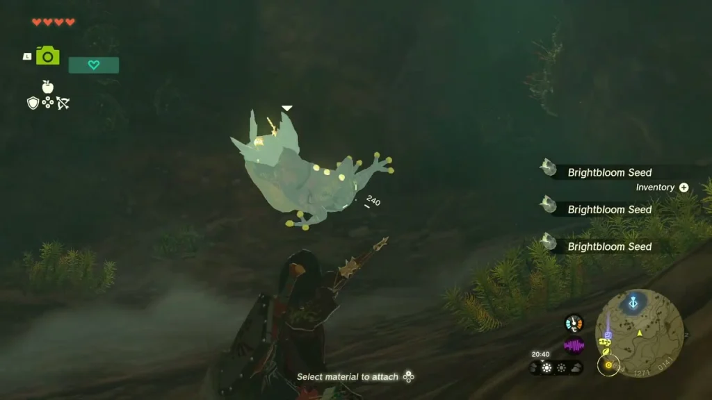 Pale Bubbulfrog knocked off the cave wall by an arrow, with Brightbloom Seed pickups below Pale Bubbulfrog knocked off the cave wall by an arrow, with Brightbloom Seed pickups below