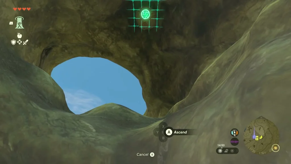 Cave mouth lit by a hole in the roof, with a stump on the ceiling and the Ascend prompt showing Cave mouth lit by a hole in the roof, with a stump on the ceiling and the Ascend prompt showing