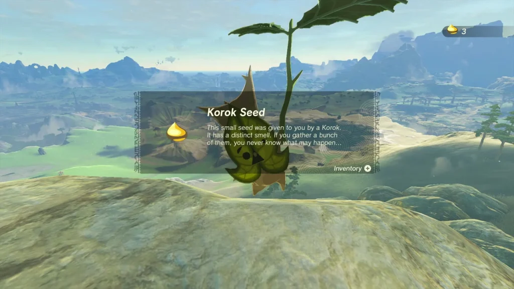 Korok Seed item box beside a Korok on the hilltop above the cave entrance Korok Seed item box beside a Korok on the hilltop above the cave entrance