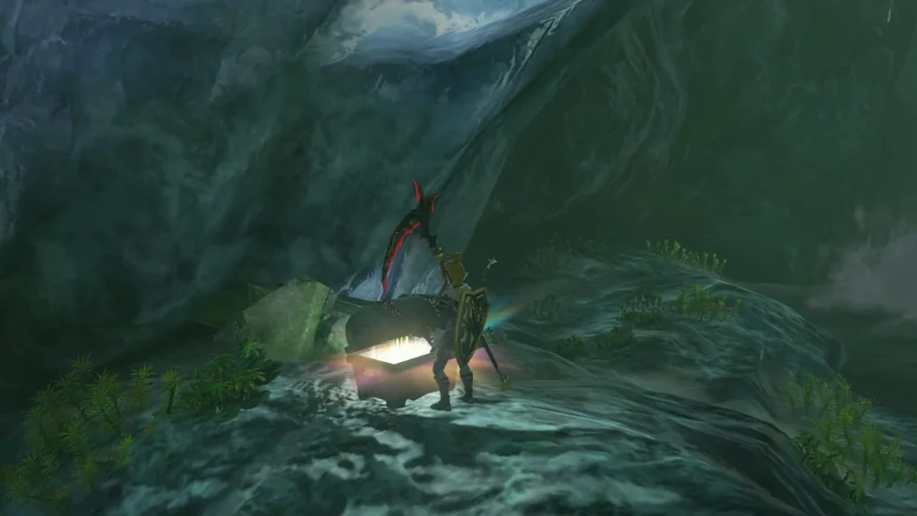 Glowing open chest on a wet rock ledge holding a Zora Sword Glowing open chest on a wet rock ledge holding a Zora Sword