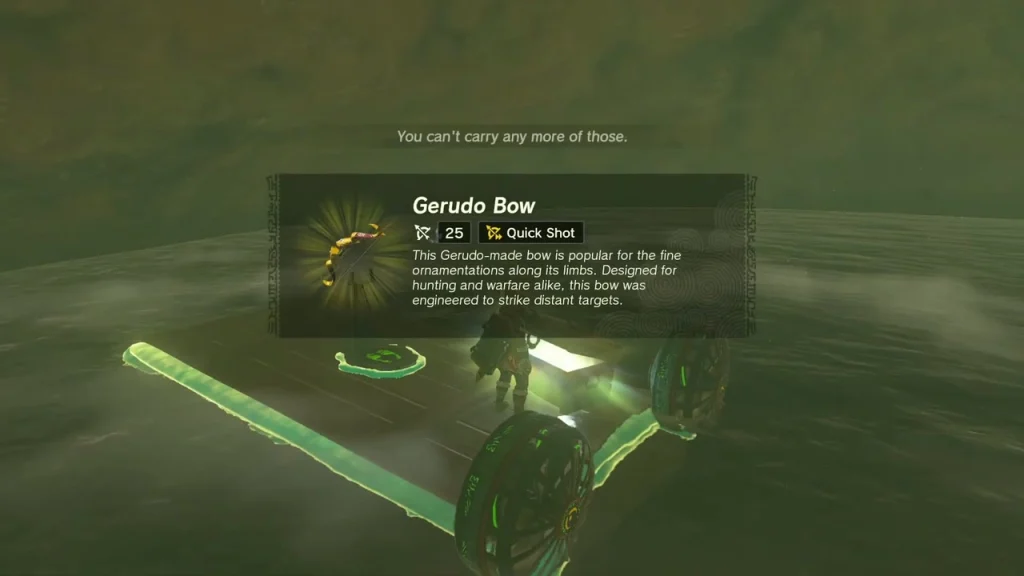 Gerudo Bow item box over the open chest on the raft Gerudo Bow item box over the open chest on the raft