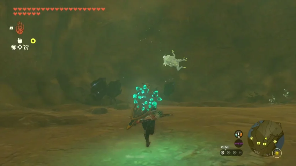 Bubbulfrog leaping near the ceiling above the sandy cavern floor Bubbulfrog leaping near the ceiling above the sandy cavern floor