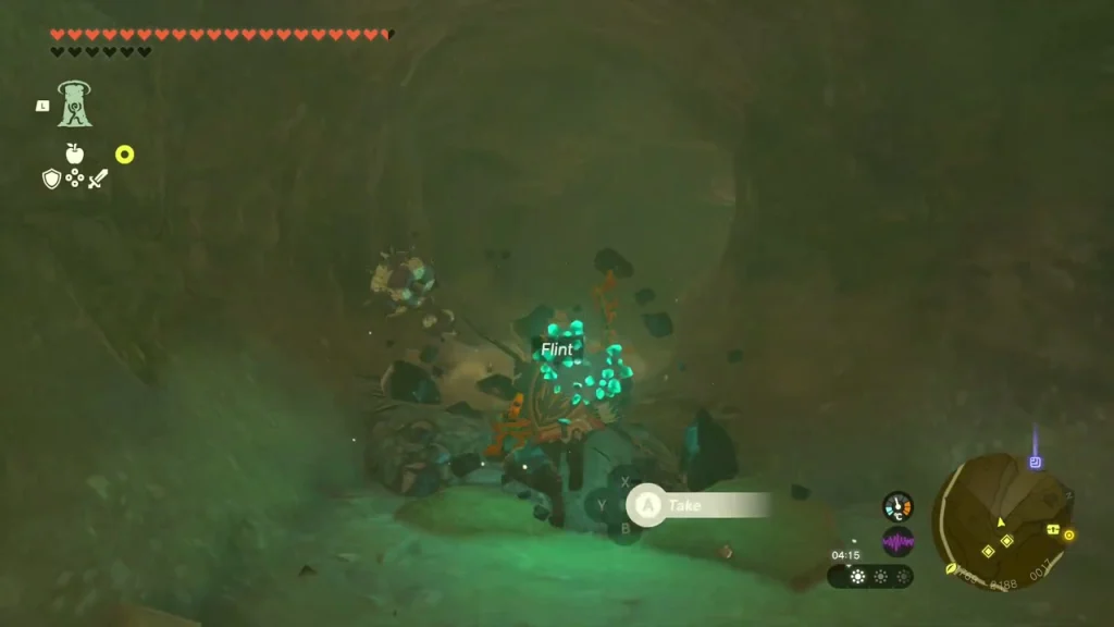 Cave floor with a crushed camp and pickups before the Bubbul Gem