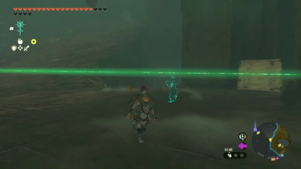 Green beam crossing the cavern from the crystal toward the shrine site