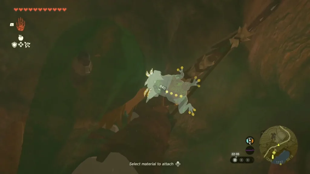Bubbulfrog on the cave ceiling lined up with an arrow