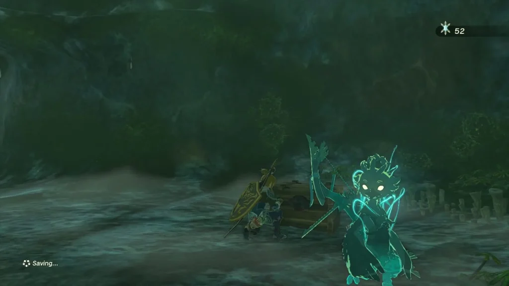 Chest on the wet cave floor beside the water with a spirit nearby Chest on the wet cave floor beside the water with a spirit nearby