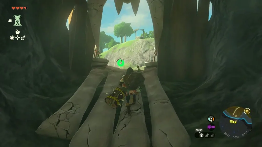 Giant skull teeth framing the bright exit onto the riverbank Giant skull teeth framing the bright exit onto the riverbank