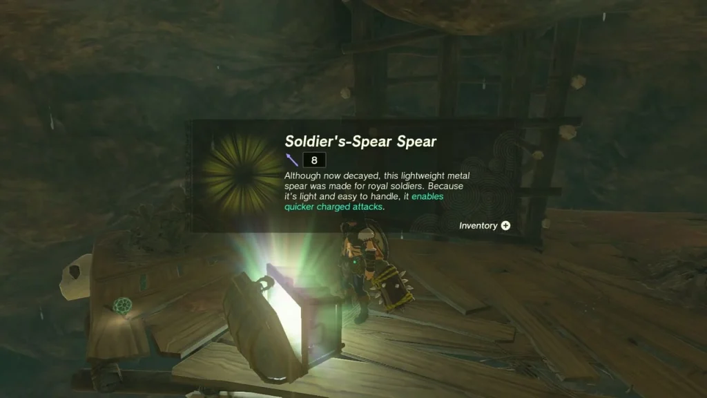 Soldier's-Spear Spear item card above the open second chest Soldier's-Spear Spear item card above the open second chest