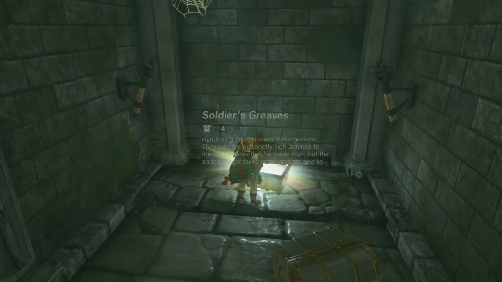 Opened chest glowing with Soldier's Greaves
