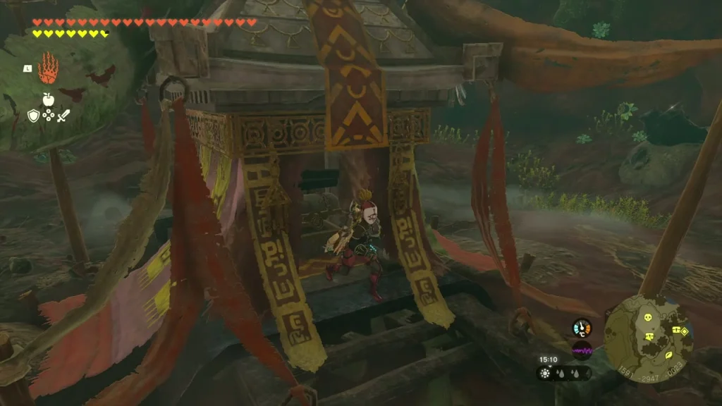 Wooden monster altar with red banners on the far bank Wooden monster altar with red banners on the far bank