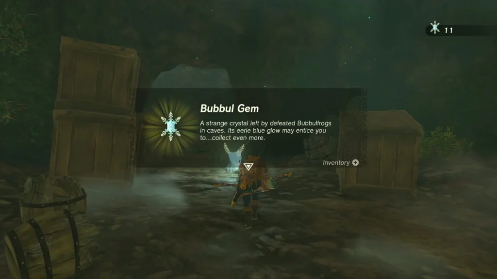 Bubbul Gem item box held up among stacked crates and barrels Bubbul Gem item box held up among stacked crates and barrels