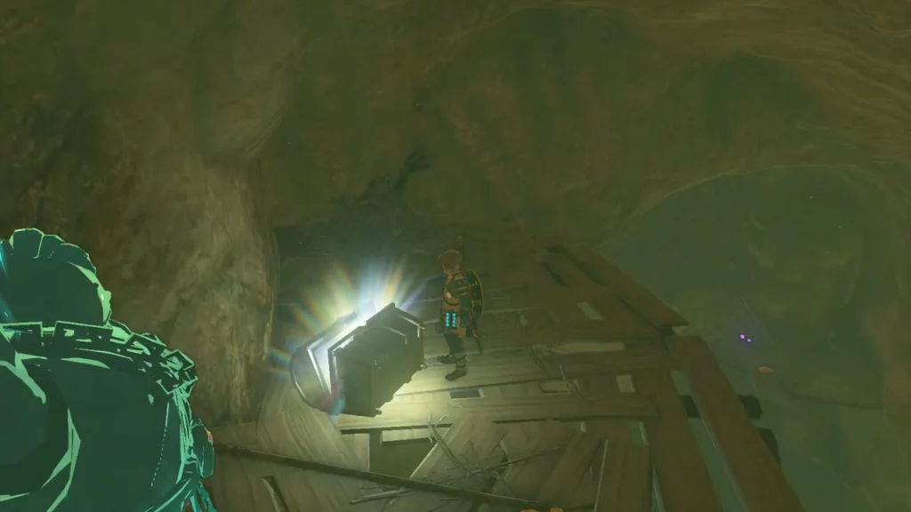 Glowing chest on a rickety wooden platform