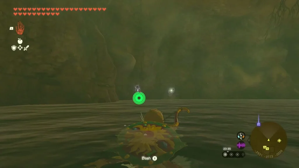 Flooded passage with dark water ahead of a swimming figure
