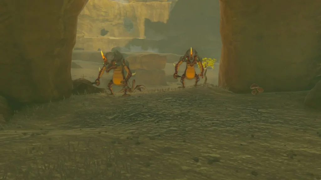 Two Lizalfos standing by a camp stool and cooking pot in the cave mouth Two Lizalfos standing by a camp stool and cooking pot in the cave mouth