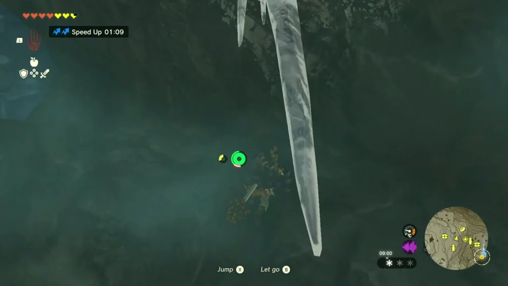 Long icicle hanging beside a ledge with a jump prompt