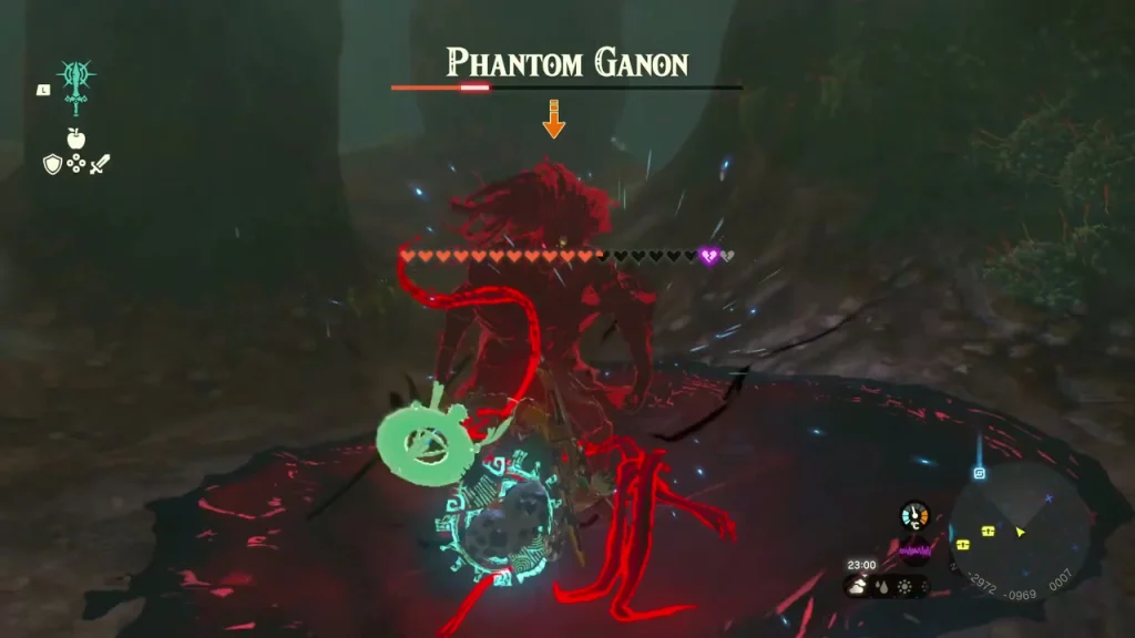 Phantom Ganon fight in a dark cave chamber under a red glow Phantom Ganon fight in a dark cave chamber under a red glow