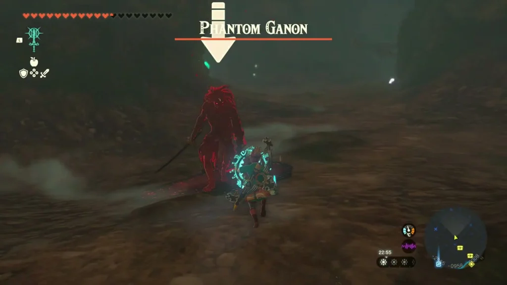 Phantom Ganon, a red spectral swordsman, with its health bar in the cave Phantom Ganon, a red spectral swordsman, with its health bar in the cave
