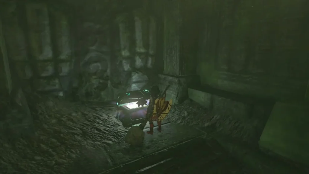 Glowing chest in a ruined stone chamber with carved pillars behind it Glowing chest in a ruined stone chamber with carved pillars behind it