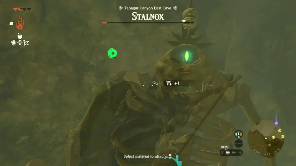 Stalnox with its glowing green eye exposed while an arrow is fused with a Bomb Flower Stalnox with its glowing green eye exposed while an arrow is fused with a Bomb Flower
