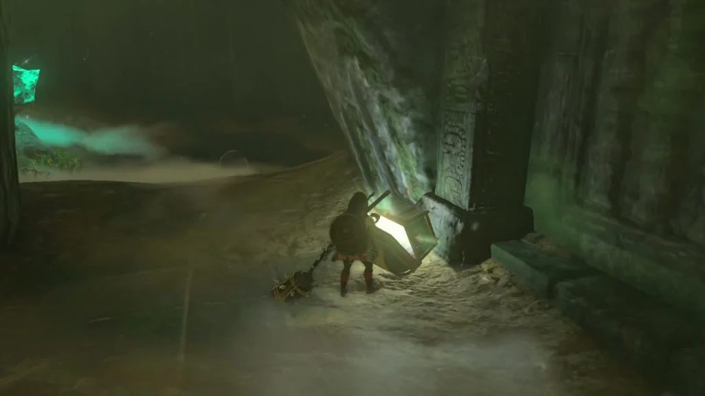 Glowing chest in an alcove of carved stone ruins, a teal beam at the far left Glowing chest in an alcove of carved stone ruins, a teal beam at the far left