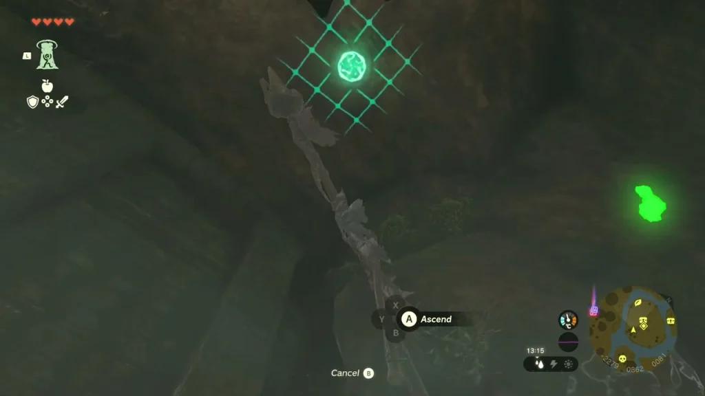 Ascend prompt and a green target on the cave ceiling above the hideout Ascend prompt and a green target on the cave ceiling above the hideout