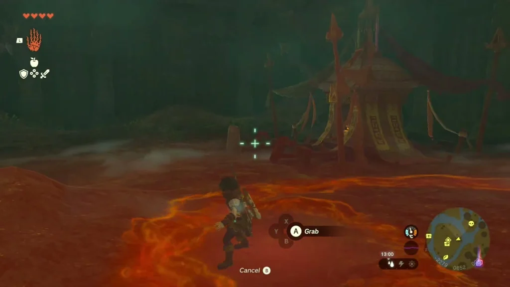 Red gloom pooling on the ground around the hideout with its roof visible beyond Red gloom pooling on the ground around the hideout with its roof visible beyond