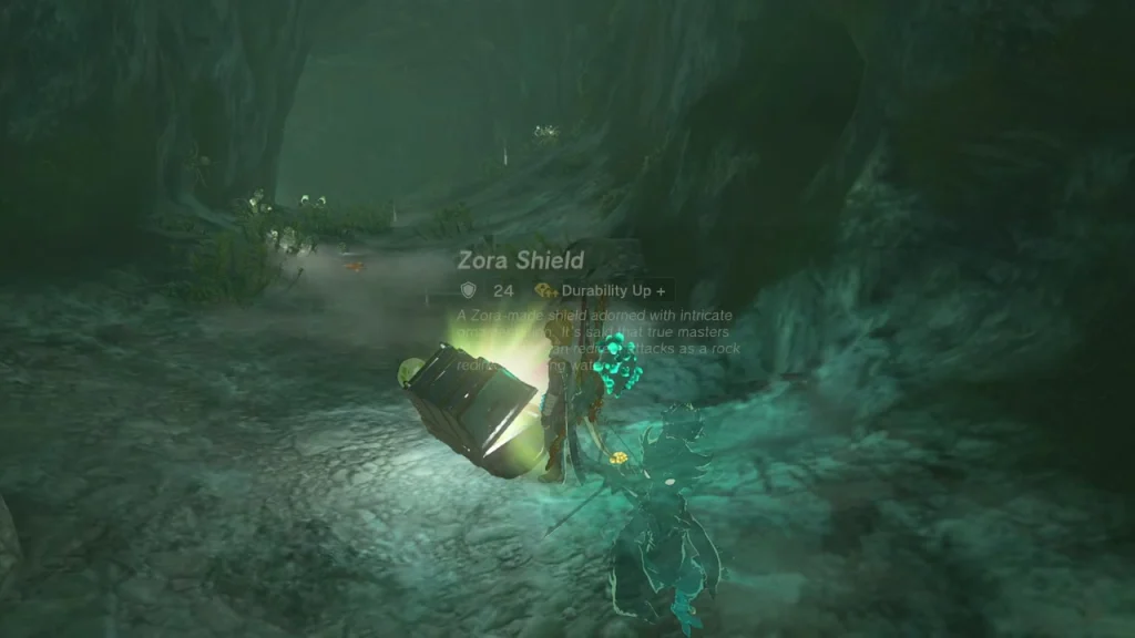 Open treasure chest in the flooded passage with a Zora Shield item box Open treasure chest in the flooded passage with a Zora Shield item box